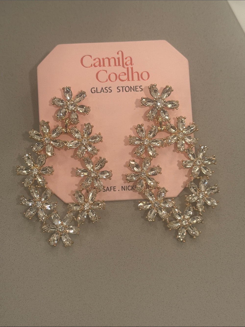 NWT Camila Coelho Gold Floral Glass-Stone Drop Earrings